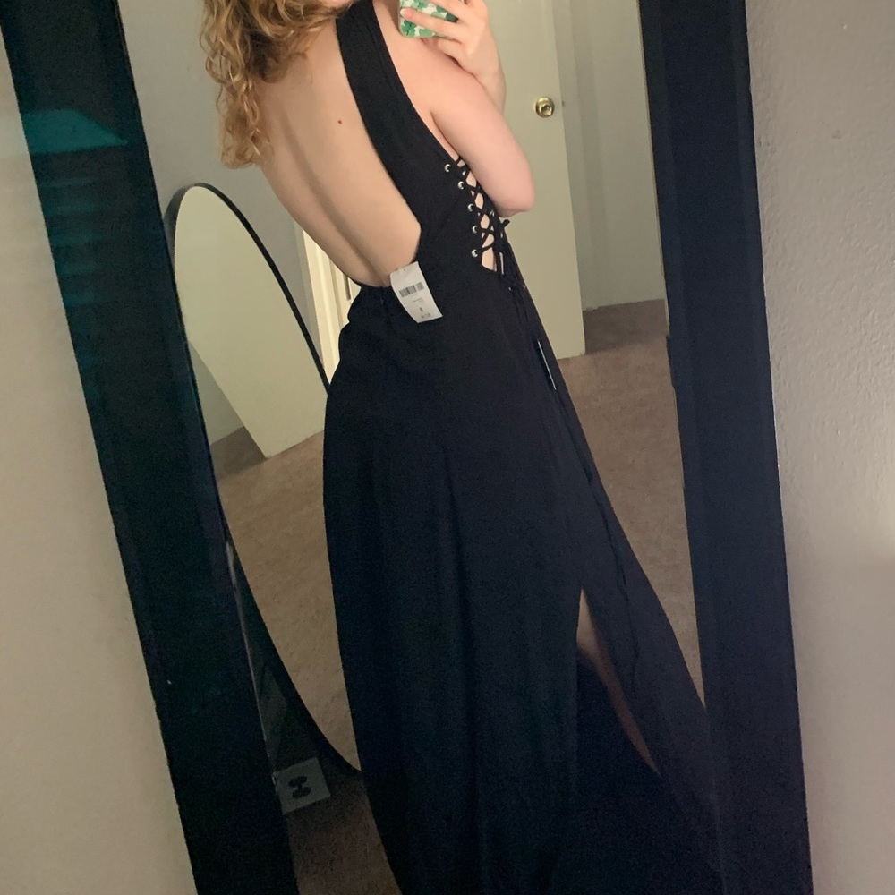 NWT Forever 21 Black Maxi Backless Slit Lace Up Dress